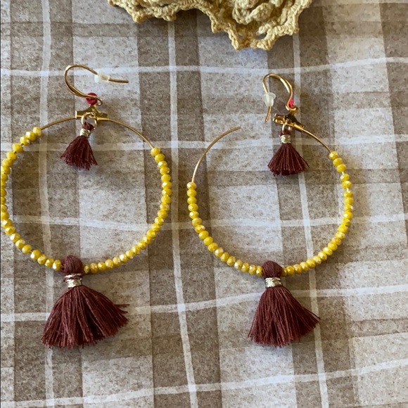 Earrings; Yellow Beaded Hoop; Tassel;  Pierced - Picture 2 of 7